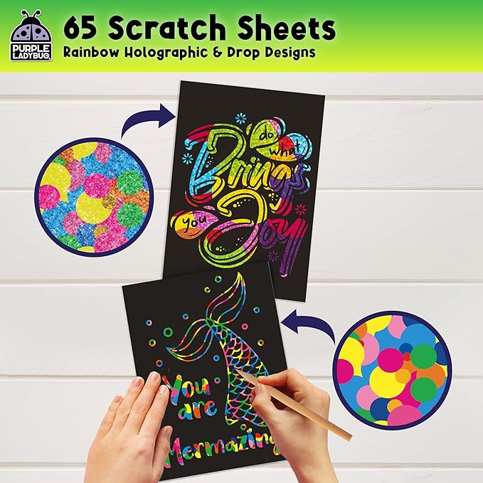 PURPLE LADYBUG Rainbow Scratch Art Paper, 79 PCS Creative Drawing Paper & Stencils - Arts and Crafts for Ages 4-12, Kids Craft Activity Set for Halloween, Christmas Gift, Stocking Stuffers for Kids