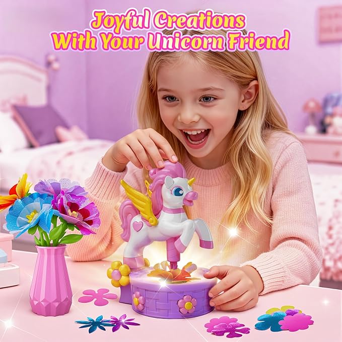 Unicorn Flower Bouquet Toys with Pot, Vase & 2 Flower Bases, Fabric Bouquet Girls Toys, DIY Arts and Crafts for Kids Ages 3-12,Stocking Stuffers Birthday Gifts for 3 4 5 6 7 8 9 10+Year Old Girls
