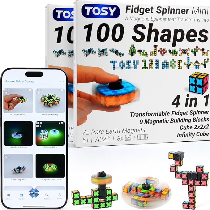 TOSY Magnet Fidget Spinner Mini - 8 Blocks, 3in1 Toy: Transformable Fidget Spinner, Infinity/Puzzle Cube, Christmas Stocking Stuffers Gift for Kids/Adults, STEM Sensory Stress Relief Toy, 2-Pack