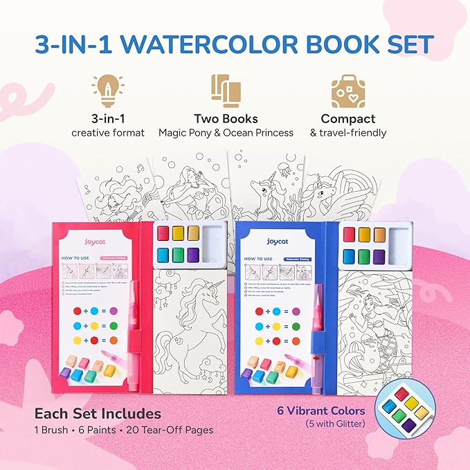 JoyCat 2 Pack Pocket Paint with Water Coloring Books for Kids, Art & Craft Activity Toy Set, Creative Travel & Home Painting Kit, Gifts for Girls & Boys Ages 3-8 (Magical Pony & Ocean Princess)