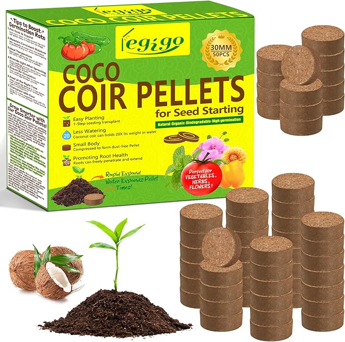 Legigo 50 Pcs 30mm Coco Coir Pellets Seed Starter Soil Mix- Organic Coconut Coir Potting Soil Pods for Seedling, Coco Peat Soil Discs for Indoor & Outdoor Plants Bonsai Herbs Vegetables and Flowers