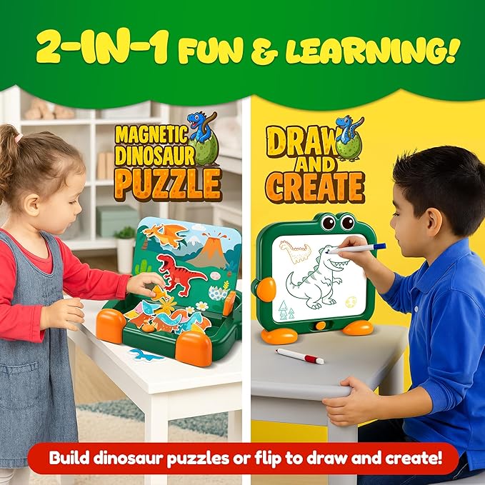 2 in 1 Dinosaur Magnetic Puzzle Board and Drawing Board for Toddlers, Montessori Quiet Travel Toy with 39 Puzzles & 2 Markers - Educational Writing Game for Preschoolers Kids Ages 3-8
