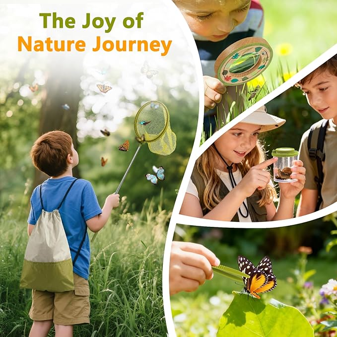 Wooden Bug Catcher Kit for Kids -11Pcs Bug Catching Kit Outdoor Explorer Kit with Carry Bag, Butterfly Net and Other Adventure Sets for Garden Backyard Camping, Gift for Toddlers Girls Boys 3-12