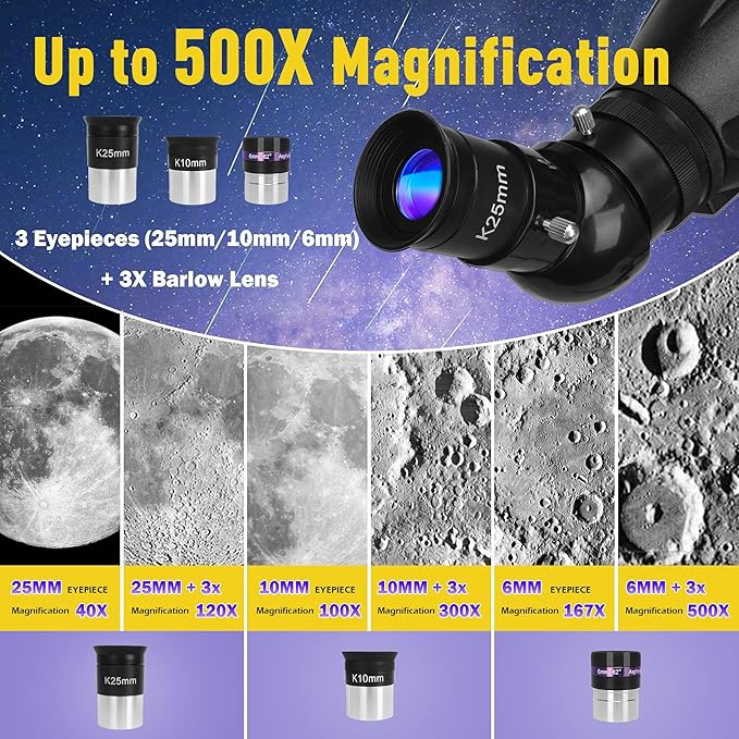 Telescope, Telescope for Adults High Powered, 90mm Aperture 1000mm Astronomical Refractor Telescopes for Beginners, Magnification 500X, with Three Eyepieces, Phone Adapter & Carrying Bag