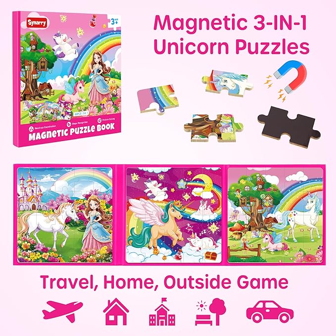 SYNARRY Unicorn Princess Fairy Magnetic Puzzles for Toddlers 3-5 Girls, 20 Pieces Travel Puzzles for Kids Ages 4-6, Car Airplane Road Trip Activities Games Toys for 3 4 5 Year Old Girls Birthday Gifts