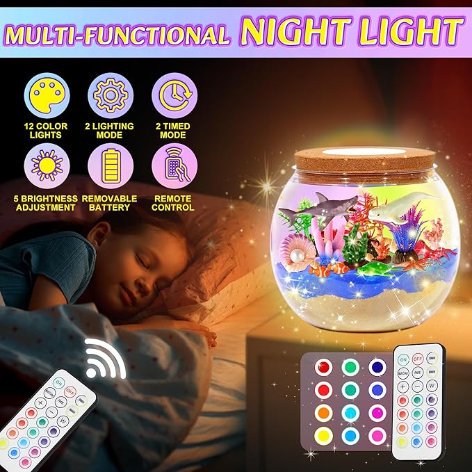 Ocean Light Up Terrarium Kit for Kids - Sea Animal Toys LED Night Light Birthday Gift for Boys & Girls Ages 4 5 6 7 8-12, Kids Arts & Crafts Kit