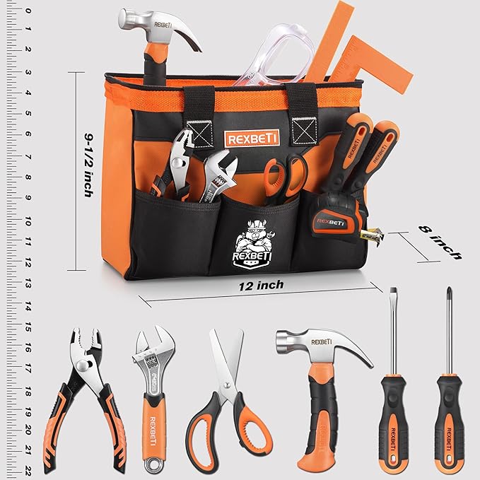 REXBETI 10-Piece Kids Tool Set with Real Hand Tools, Orange Durable Storage Bag, Children Learning Tool Kit for Home DIY and Woodworking, 6+ Years Old Birthday Gift