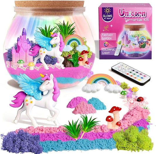 Unicorn Light-Up Terrarium Children's Craft Kit -LED Night Light Decorative Strip Remote Control, Birthday Gift for girls aged 4, 5, 6, 7, 8 - 12 Unicorn Children's Girl Gift, DIY art for children