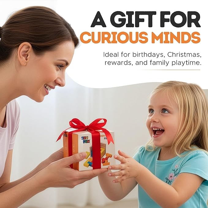 Zen Fun Wooden Brain Teaser Puzzle Cube - Montessori Toy Colorful Cube Puzzle for Kids Ages 5-7 and Easy Mind Puzzle for Adults - 20 Pieces
