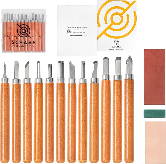 Beginner-Friendly Wood Carving Tools Kit, 15pc Razor Sharp Mini Japanese Pen Chisel Set, DIY Crafts, Lino Cut and Woodworking from Schaaf Tools (Small Handles)