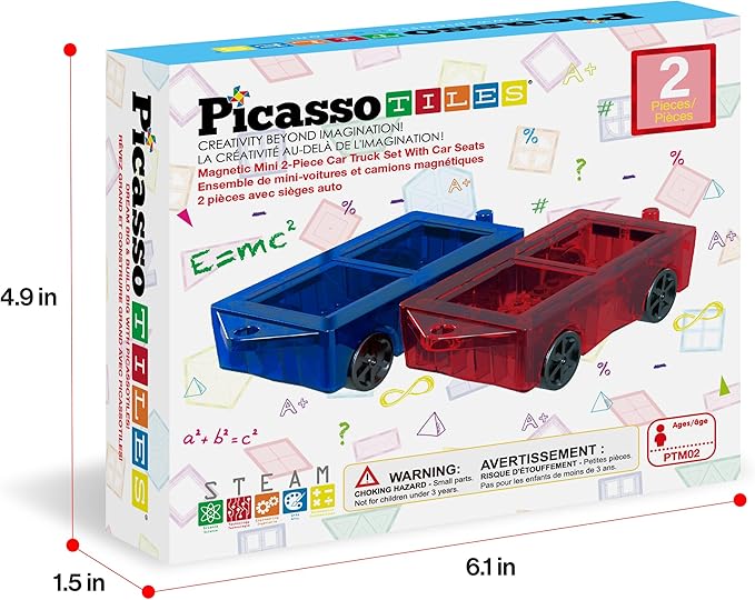 PicassoTiles 2 Piece Car Mini Truck Construction Kit Toy Set Vehicle for Magnetic Blocks Building Tile Sensory Magnet Toys Bricks STEM & Learning Educational School Puzzle Girls Boys Toddlers Ages 3+