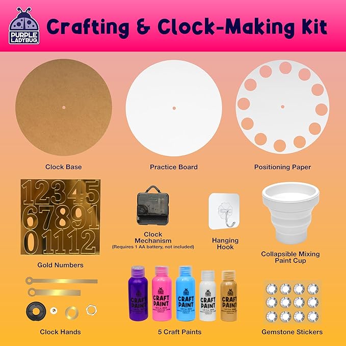 PURPLE LADYBUG Pouring Paint DIY Clock Kit - Creative Kids Painting Kit - 6 7 8 9 10 11 12 Year Old Girl Gift Ideas, Birthday & Christmas Gifts for 6-12 Year Old Boys & Girls - Crafts for Kids 8-12