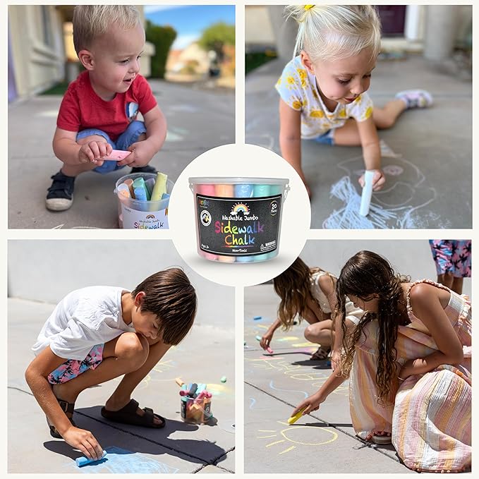 Jumbo Sidewalk Chalk Bucket - 20 Pieces | Non-Toxic Washable Paint | Backyard Outdoor Kids Fun Activities, Drawing, Homeschool | Creative Steam Art & Craft Kit | Gift for Ages 3+