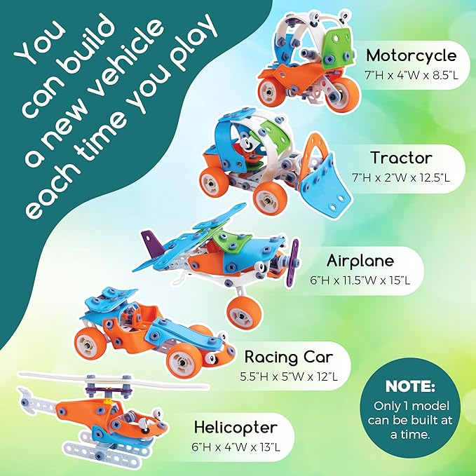 Play Brainy Erector Set Set for Kids, 132pc 3D Vehicle Puzzle Toy - Includes Helicopter, Plane, Tractor, Car, and Motorcycle, A 5-in-1 Stem Building Kit for Boys and Girls Ages 5-12