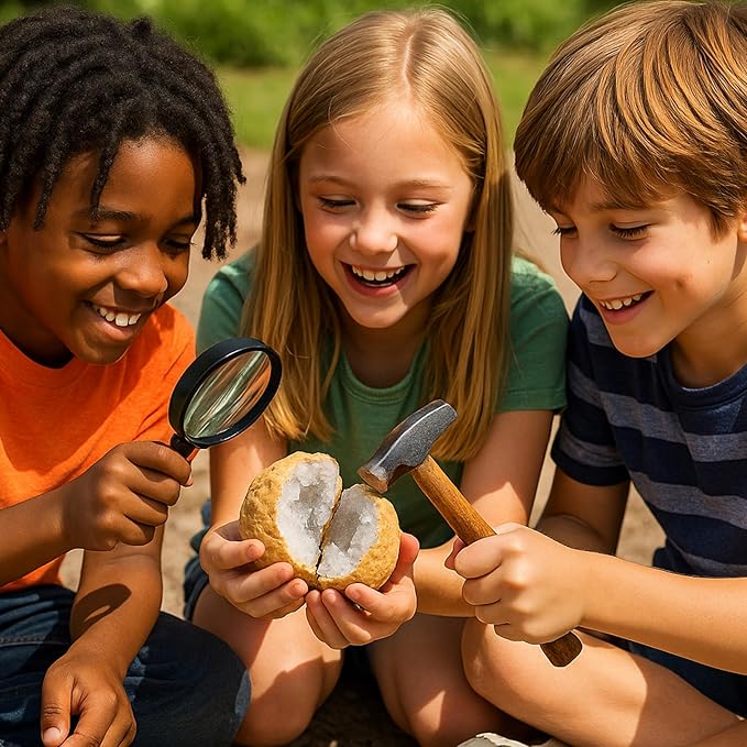 TRUENERGY Geodes for Kids Break Open Science Kit – 20 Medium Natural Crystal Geodes, 5X Easier to Open, Magnifying Glass & Learning Guide – STEM Science Rock Kit – Gift-Ready
