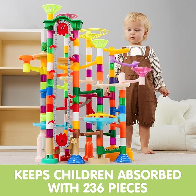 JOYIN 236Pcs Glowing Marble Run with Motorized Elevator- Construction Building Blocks Toys with 30 Glow in The Dark Plastic Marbles, STEM Toy for Boys and Girls Gift for Christmas