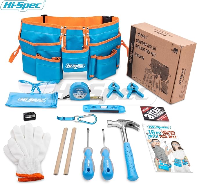 Hi-Spec 16pc Kids Tool Set with Tool Belt – Real Child-Sized Tool Kit for Boys & Girls, DIY Building, Hand Tools, Woodworking, Carpentry, STEM Learning, Construction Play Set – Blue