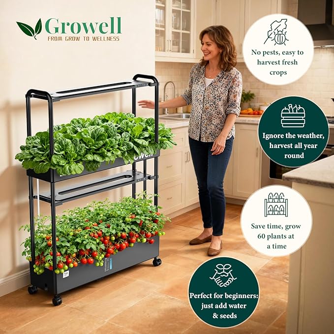 60-Pod Hydroponics Growing System, Large Vertical Hydroponic Garden with Smart Full-Spectrum Grow Lights, Auto Circulating Water, Mobile Indoor Gardening System for Herbs, Vegetables & Fruits