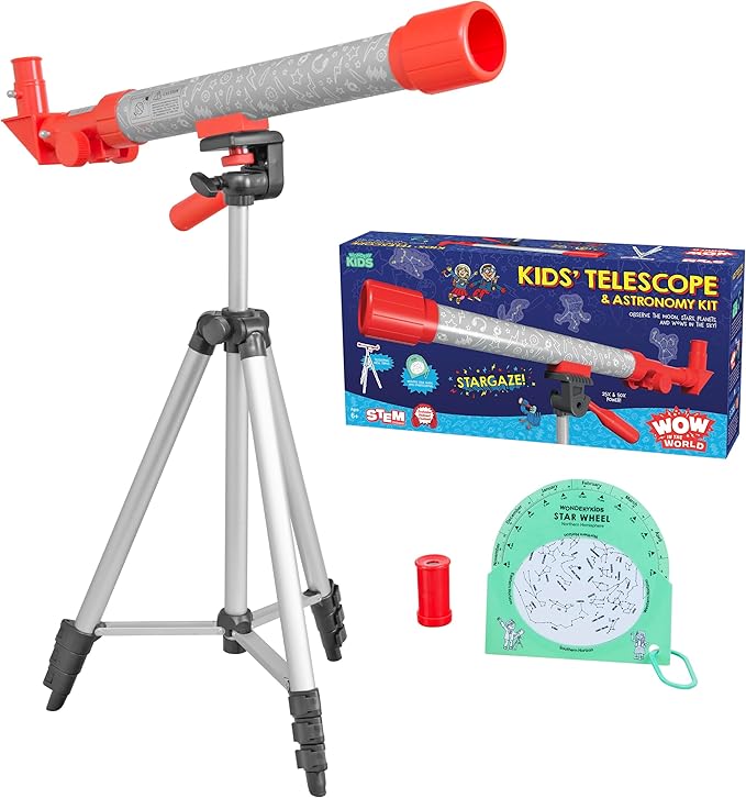 Wow in The World Kids’ Telescope & Astronomy Kit, 25x & 50x Magnification, Adjustable 48” Tripod, Includes Star Wheel & Companion Audio Content, Intro to Astronomy Gift for Ages 6+ by Thames & Kosmos