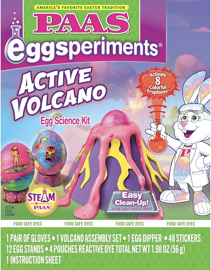 PAAS Eggsperiments Active Volcano Easter Egg Science Kit – Fun & Educational STEAM Kit with 8 Colorful Eruptions, Stickers, and Volcano Assembly Set