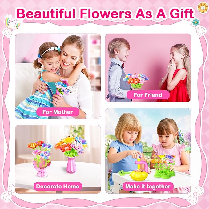 Osllate DIY Arts and Crafts for Kids Flower Toys with Lighted vase, Upgraded Unicornous Design Fabric Bouquet Craft Kits for Kids Toys for Girls Christmas Birthday for 3-12+ Year Old, Pink
