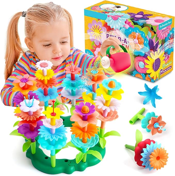 FUNZBO Flower Garden Building Toys Set - Christmas Birthday Gifts for Age 2 3 4 5 6 Years Old Girls, STEM Montessori Educational Toy for Toddler Kids, Sorting & Stacking Spring Gardening Set