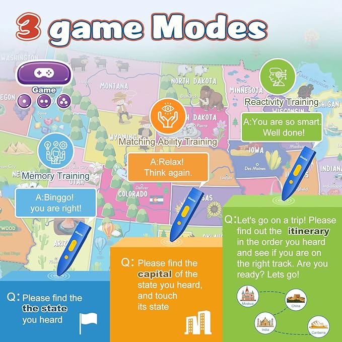 V2 Interactive Kids Map Bilingual United States Map for Kids Learning, Educational Talking USA Map Poster Geography Games Personalized Kid Toys for Boys & Girls Ages 3-12.