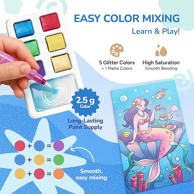JoyCat 2 Pack Pocket Paint with Water Coloring Books for Kids, Art & Craft Activity Toy Set, Creative Travel & Home Painting Kit, Gifts for Girls & Boys Ages 3-8 (Ocean Princess & Dinosaurs)