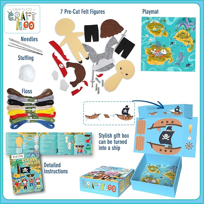 Pirates Pre-Cut Fun Kids Sewing Kit for Kids Ages 8-12 Children Beginners Sewing kit Kid Crafts Make Your Own Felt Pillow Plush Craft Kit Girls and Boys Art Craft Kits Learn to Sew Kit