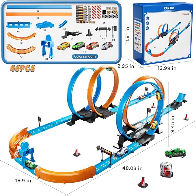 Toy Car Track Gift Set for Boys Kids Age 3-5 4-7 8-12, Long Race Tracks with 4 Action Loops and 4 High-Speed Slot Die-Cast Race Cars, 35+ Pieces Race Tracks to Create Multiple Configurations