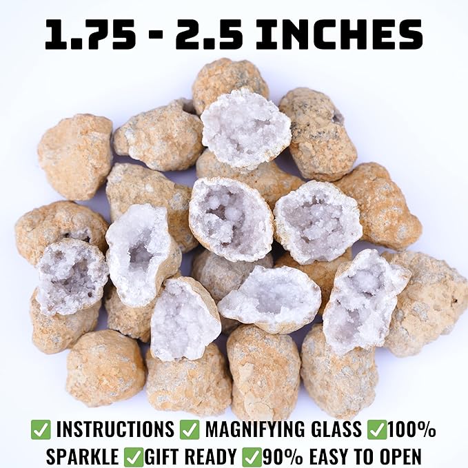 TRUENERGY Geodes for Kids Break Open Science Kit – 20 Medium Natural Crystal Geodes, 5X Easier to Open, Magnifying Glass & Learning Guide – STEM Science Rock Kit – Gift-Ready