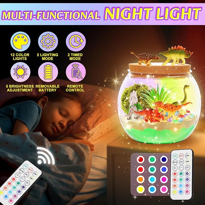 Gifmore Dinosaur Terrarium Kit for Kids with LED Night Light & Remote Control, Dinosaur Toys & Arts and Crafts for Boys Ages 4-12, Creative Birthday Christmas Gifts for Kids