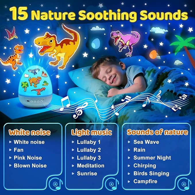Dinosaur Toys for Kids 3-5 | 12HD Films+15 Sleeping Sounds+7 Colors+360°Rotating | Dinosaurs Primal Hatch Dinosaur Egg Boy Toys for Boys Star Projector Kids Toys Sound Machine Egg Light for Nursery
