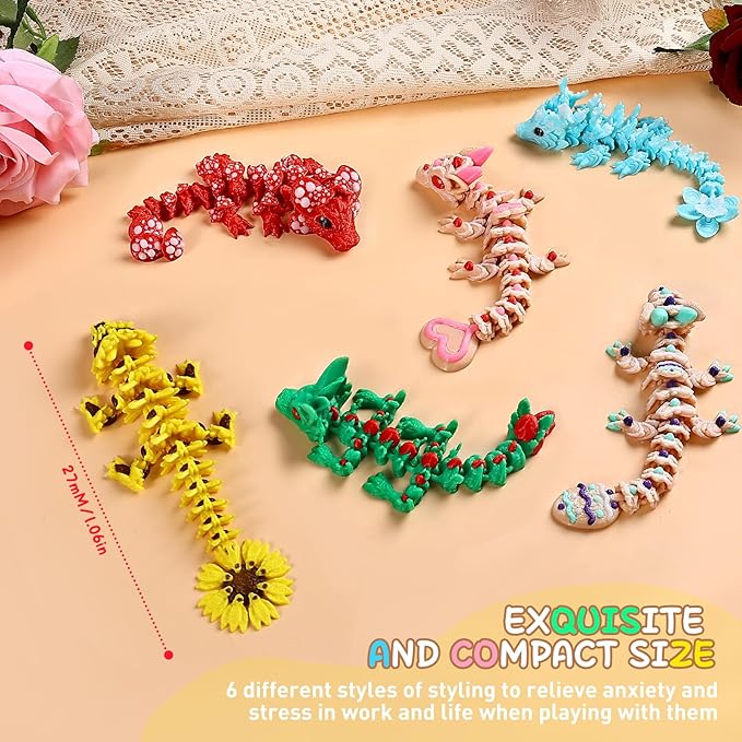 6 Pcs Multicolor 3D Printed Dragon,3D Printed Cherry Blossom Dragon ,Cookie Heart Dragon ,3D Printed Flexible Articulated Dragon Fidget Toys for Home Office Desk Decor,Basket Essentials Stuffers