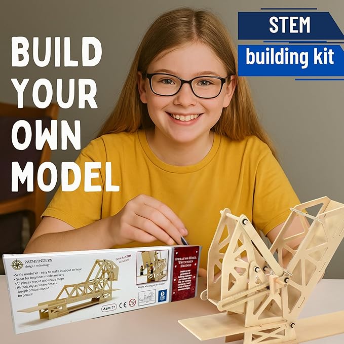 Pathfinders STEM Kit – Bridge Building Kit | Wooden Mechanical Engineering Toy for Kids Ages 7-9 | Strauss Bascule Bridge 3D Puzzle | Educational Science & STEM Project