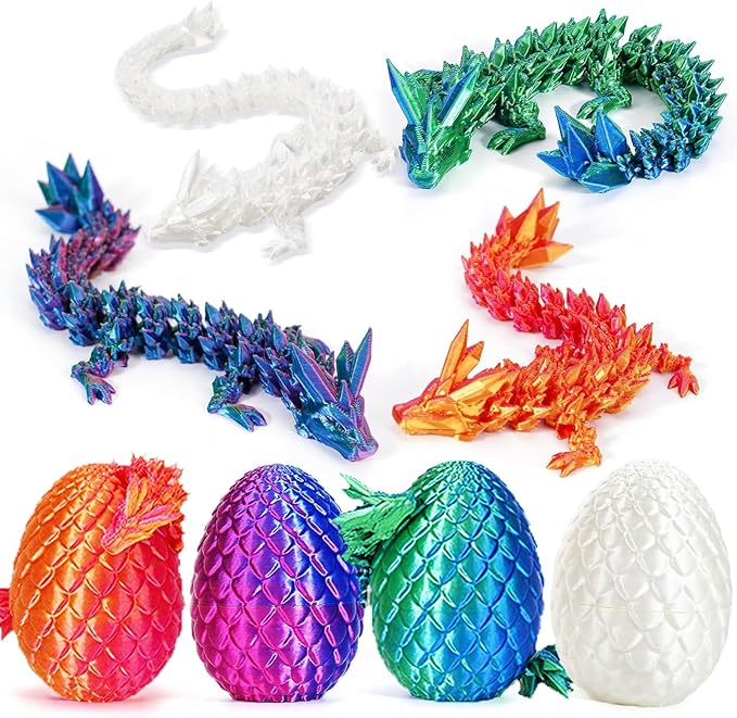 3D Printed Dragon with Egg, 4 PCS 3D Printed Fantasy Animals, Fidget Toy for Boys Girls Adult, Office Desktop Decoration Easter Basket Stuffers Graduation Gift for Teens
