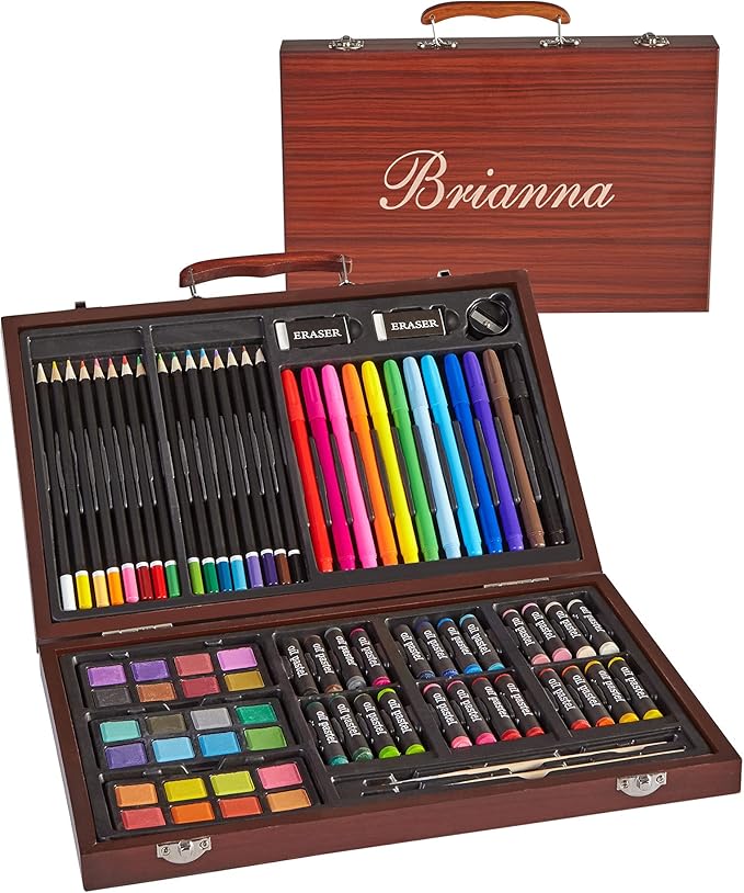 Let's Make Memories Personalized 80-Piece Deluxe Art Set - for Kids - Wood Carrying Case - Oil Crayons, Colored Pencils, Watercolors - Arts & Crafts - Customize with Name - Script Font