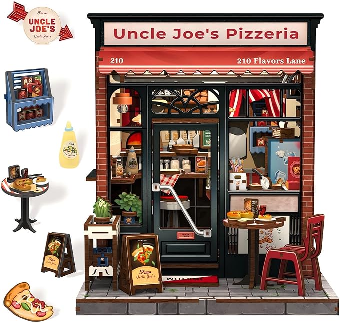 Fsolis Book Nook Kit - 3D Wood Puzzles for Adults, 285 pcs, DIY Bookshelf Scene Miniature Kit, Tiny House Mini Craft Model Gifts for Women (Uncle Joe's Pizzeria)