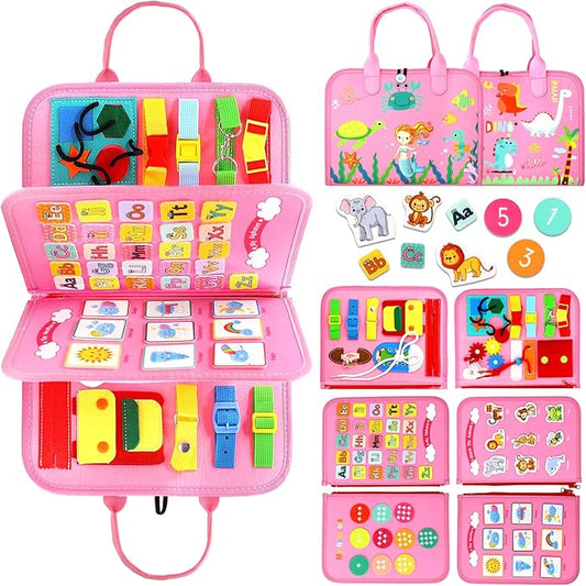 Qizfun Busy Board Montessori Toy for Toddlers, Educational Sensory Learning Toy for Fine Motor Skills, Preschool Travel Toy for Airplane & Car, Gifts for Boys and Girls (Pink/P4)