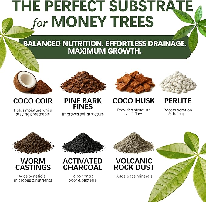 Premium Money Tree Soil – Organic, Nutrient-Rich, Optimal-Draining Potting Mix for Pachira Aquatica – Supports Strong Roots, Balanced Moisture & Lush Foliage – Ready to Use (8 QTS)