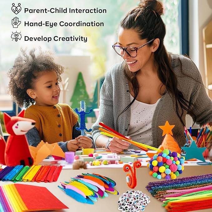 FUNZBO Arts and Crafts Supplies for Kids -Christmas Crafts Kits with Pipe Cleaners, Construction Paper, Pom poms Googly Eyes, Crafts for Kids Ages 4-8, School Craft Projects, Birathday Gifts for Girls