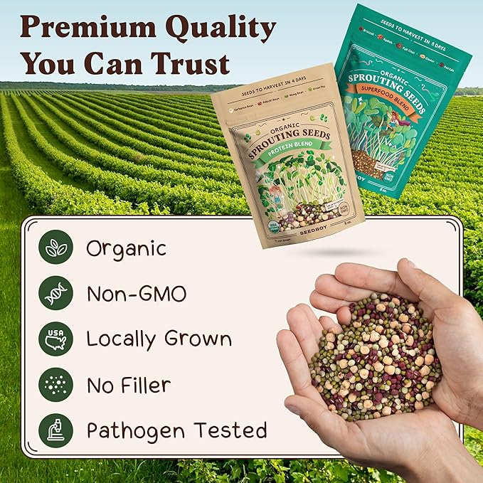 Seedboy Organic Non-GMO Sprouting Seeds, Superfood & Protein Blend – 2 Pack Bundle – USA Grown Sprouting & Microgreens Seeds – Two 8 oz Bags Makes 12 Quarts / 36 Servings (Superfood/Protein)
