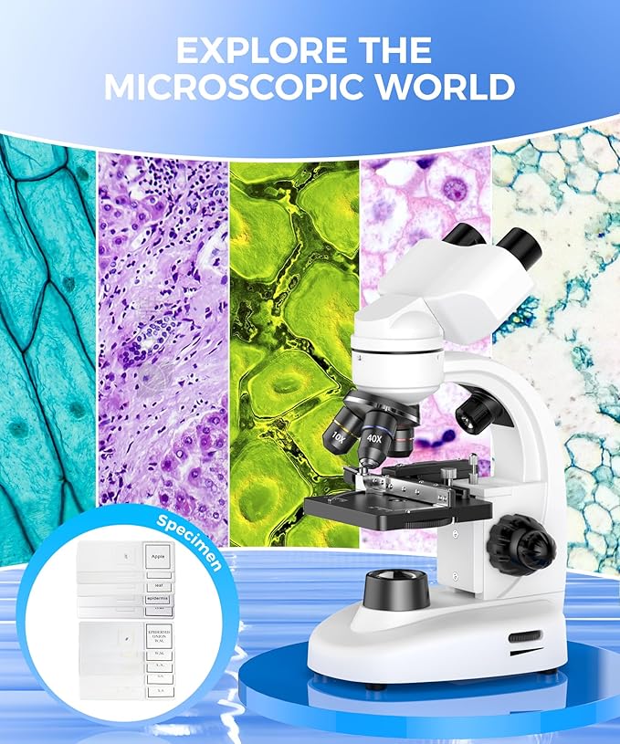 Compound Binocular Microscope for Adults, Professionals & Kids, 40X-2000X Magnification with LED Illumination, Mechanical Stage, WF10x & WF25x Eyepieces，Compatible for Lab, School, Home Education