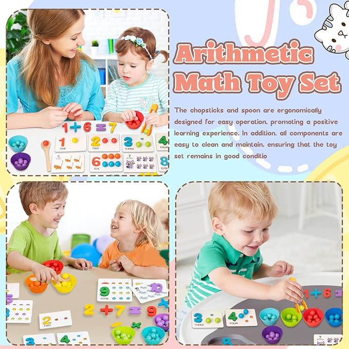 Montessori Arithmetic Math Toy Set, Montessori Arithmetic Kit, Silicone Number Learning with Beads, Number Cognitive Clip Bead Matching Gamefor Early Childhood Educational Activities (1Set)