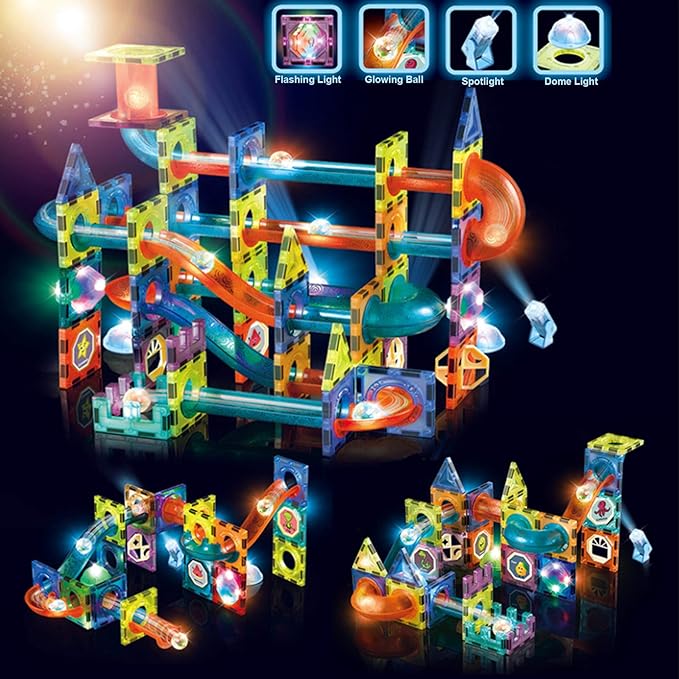 Glowing Magnetic Tiles Marble Run Race Track Super Set - 110 Complete Pieces Glow in The Dark STEM Light Magnetic Building Blocks Gravity Marble Maze Games for Toddlers Kids Boys Girls Ages 3+ Years