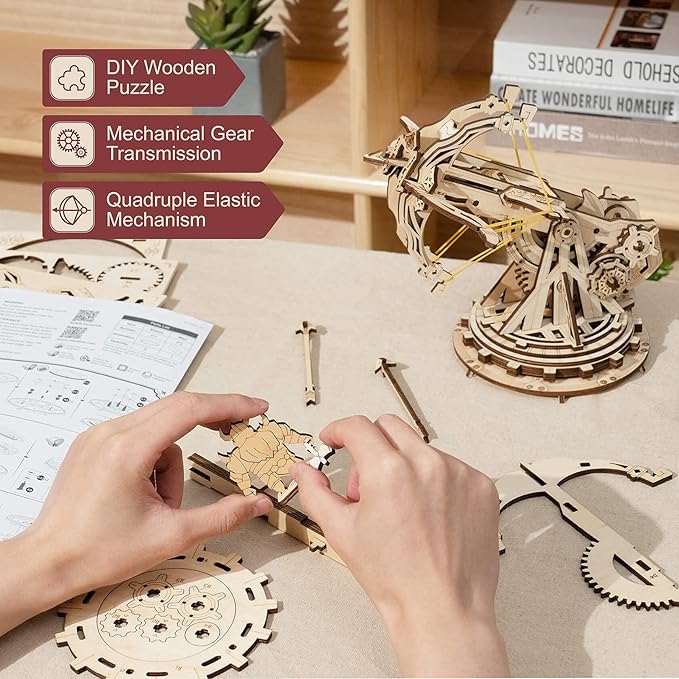ROKR 3D Wooden Puzzles for Adults, DIY Wooden Ballista Launcher Toys Building Model Kits STEM Projects Toys for A dult