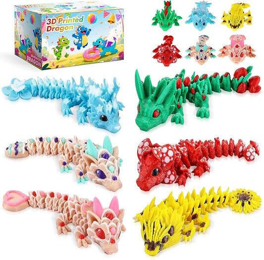 6 Pcs Multicolor 3D Printed Dragon,3D Printed Cherry Blossom Dragon ,Cookie Heart Dragon ,3D Printed Flexible Articulated Dragon Fidget Toys for Home Office Desk Decor,Basket Essentials Stuffers