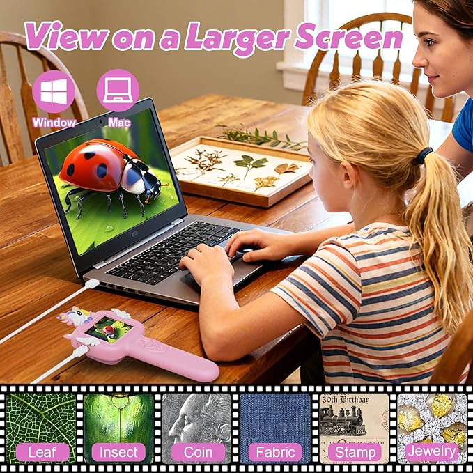 Microscope for Kids Gifts Toys Science, Mini Handheld Digital Pocket Microscope Requiring Direct Surface Contact, Educational STEM Toy for Boys Girls Ages 8–12, Christmas Birthday Gift Idea