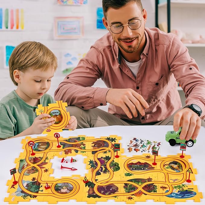 25PCS Puzzle Racer Dinosaur Themed Series, Kids Car Track Set, Educational Puzzle Toys Gifts for Boys and Girls