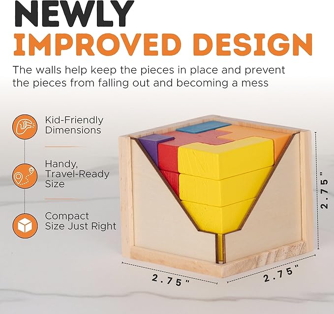 Zen Fun Wooden Brain Teaser Puzzle Cube - Montessori Toy Colorful Cube Puzzle for Kids Ages 5-7 and Easy Mind Puzzle for Adults - 20 Pieces